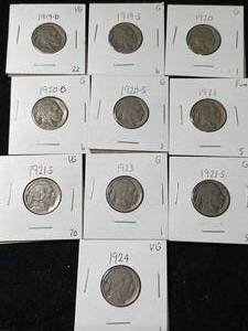 lot 49 image: GROUP OF 10 US BUFFALO NICKELS 1919D-1924