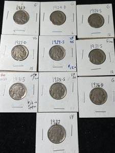 lot 50 image: GROUP OF 10 US BUFFALO NICKELS 1923-1937