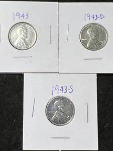 lot 65 image: 3 US LINCOLN STEEL CENTS 1943P-D-S