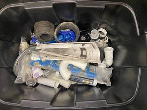 lot 41 image: Assorted Plumbing Parts and Components in Storage Bin