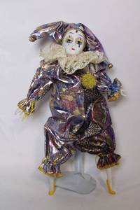 lot 191 image: Vintage Porcelain Harlequin Clown Doll with Fabric Costume