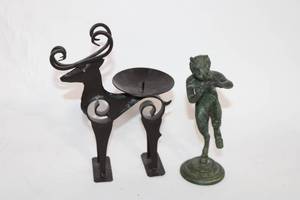 lot 239 image: Pair of Decorative Metal Sculptures Pan and Candle Holder Deer