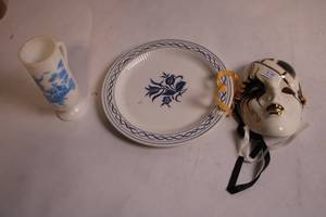 lot 334 image: Vintage Ceramic Plate, Porcelain Vase, and Decorative Mask Set