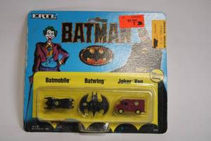lot 502 image: 1989 ERTL Batman Micro Set with Batmobile, Batwing, and Joker Van