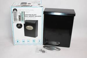 lot 65 image: Architectural Locking Black Wall Mount Mailbox with Accessories