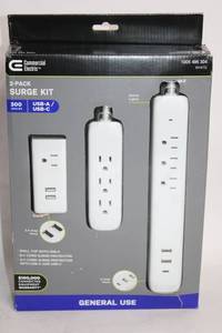lot 119 image: Commercial Electric 3-Pack Surge Protector Kit with USB-A and USB-C
