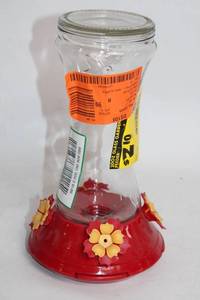 lot 123 image: Glass and Red Plastic Hummingbird Feeder with Flower Accents