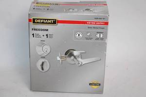 lot 163 image: Defiant Freedom Keyed Entry Door Lever and Deadbolt Set with Satin Nickel Finish