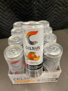 lot 15 image: Celsius Live Fit Peach Mango Green Tea Energy Drink 12-Pack