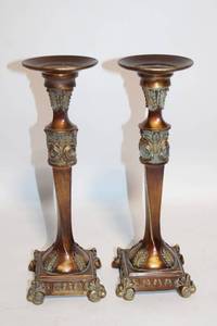 lot 60 image: Pair of Ornate Bronze Candle Holders with Antique Finish