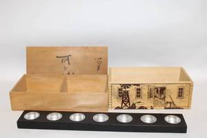 lot 91 image: Set of Wooden Boxes and Candle Holder with Farmhouse Design