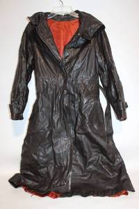 lot 115 image: Vintage Black Leather Trench Coat with Red Lining, Made in Korea