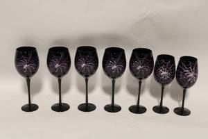 lot 382 image: Set of 6 Black Wine Glasses with Spider Web Design
