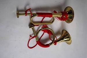 lot 481 image: Pair of Decorative Brass Bugles with Red Cord