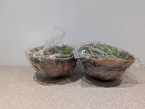 lot 116 image: 2 BLACK METAL HANGING BASKETS W LIGHTS &  ARTIFICIAL FLORAL