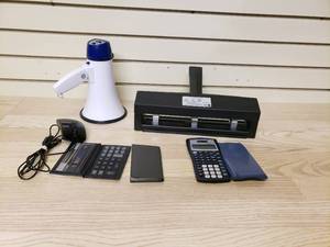 lot 56 image: Misc Office, Computer mouse, 3 hand held calculators, bull horn and 3 hole punch