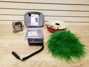 lot 79 image: Miscellaneous lot Pencil sharpener, Hanging Dopp kit, Laundry Bag, Green wig, Cyber Power 12V Converter