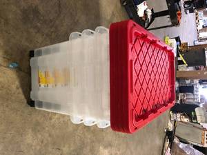 lot 6 image: Lot of HDX 77 Gal. Tough Storage Tote with Wheels in Clear with Red Lid  Customer Returns See Pictures