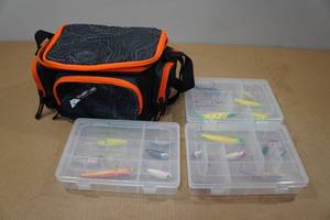 lot 41 image: Ozark Trail Soft Sided Tackle Box with Assorted Tackle