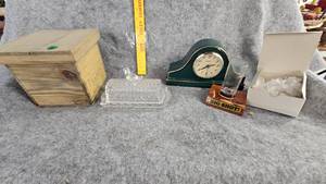 lot 42 image: Mantle Clock, Butter Dish, Wood Box, Big Shot Display, flowers
