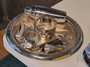 lot 235 image: Assorted Barkeeping Accessories - Bowl, Serving Tray, Bottle Openers, Shaker, Cork Screw, Shot Pour, Decanter Topper