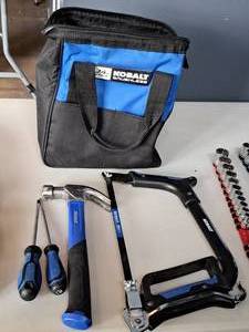 lot 298 image: Kobalt Hand Tools - Screwdrivers (x2), Claw Hammer, Hack Saw with Carry Bag