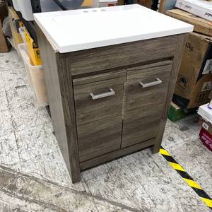 lot 136 image: Warford 25 in. Single Sink Vintage Oak Bath Vanity White Cultured Marble Top w Back Splash (Slight damage)