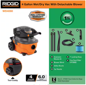 lot 173 image: RIDGID 4 Gallon 6.0 Peak HP Shop Vacuum Wet Dry Vac with Detachable Blower WD4080
