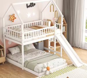 lot 125 image: Harper & Bright Designs L-Shaped White Twin over Full Wood House Bunk Bed with Built-in Ladder & Slide