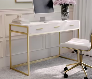 lot 129 image: MARTHA STEWART Rectangle White WoodPolished Brass 3-Drawer Computer Desk