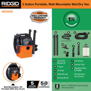 lot 235 image: RIDGID 5 Gal. 5.0 Peak HP Portable Wall Mount Shop Vacuum Wet Dry Vac WD5500