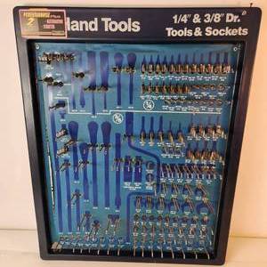 lot 34 image: Vintage Tool Board Hand Tools 14 &38 Dr. Tools & Sockets Good Condition