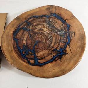New Beautiful Side Table Wood With Blue Epoxy Black Metal Hairpin Legs 16" x 17"