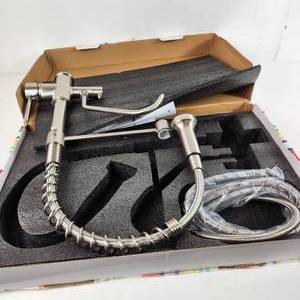 lot 65 image: Brushed Nickle Kitchen Faucet With Water Spicket New Open Box