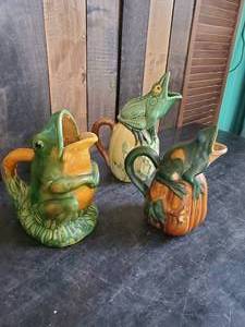 lot 10 image: 3 unique Ceramic Frog Pitchers   No chips or cracks great conversation pieces