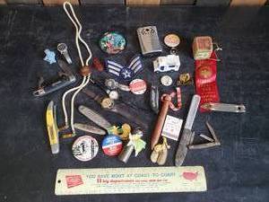 lot 11 image: Lot of Smalls  Hamms bottle opener, Coast to Coast ruler, 1913 US knife and Much More