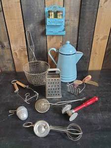 lot 19 image: Fun Misc Kitchen Lot  Blue procelaine Coffee Pot, Wall hanging Matchessalt and pepper Advertising Display and much more
