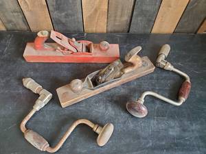 lot 23 image: 2 Vintage wood planes and 2 hand Drills Take a close look these are great