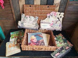 lot 29 image: Large Wicker Basket with vintage advertising pieces Books and Magazine