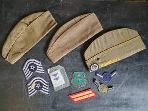 lot 30 image: 3 Vintage Military Caps, Patches and Pins