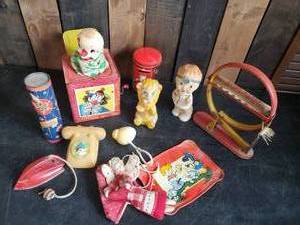 lot 32 image: Misc Lot of Cool Vintage Toys Jack in the box, Shoot a loop Squeeky toys that still squeek, Bank, Kaleidoscope and more