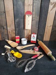 lot 34 image: Misc Lot of Kitchenware Red owl scoop, Metal Matchbox, Rolling Pin and Much More