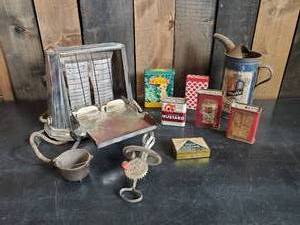 lot 36 image: Vintage Kitchen Lot Vintage Fergus Spice tin and others, Vintage Toaster,and More