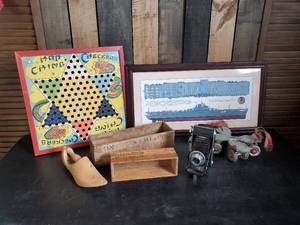 lot 47 image: Vintage Lot of Misc Items, Chineese Checkers Board, Billy Record Expanding Camera, USS Bunker Hill Framed art and more