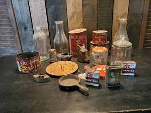 lot 54 image: Misc Vintage Lot Hills Bros Tin, Hardware Hank Mini Cast iron Pan, Fergus Brand Spice tin and more