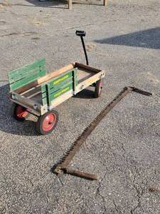 lot 73 image: Cute Radio Flyer Wood Wagon and Two person Crosscut Saw