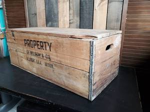 lot 130 image: Large Wooden Box with Metal Edges Property of Wilson & Co. Albert Lea. MINN Great Condition
