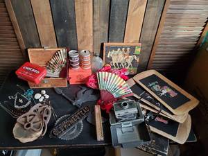 lot 131 image: Misc Lot of Various Items, Poloroid Camera, Asian Fans, Cool Wooden Serving Trays with Original Box and much much more