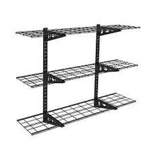 lot 23 image: FLEXIMOUNTS 12 in. x 48 in. 3-Tier Adjustable Steel Garage Wall Shelf in Black Customer Returns See Pictures