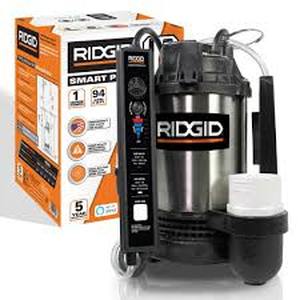 lot 30 image: RIDGID 1 hp. Stainless Steel Smart Dual Suction Submersible Sump Pump   Customer Returns See Pictures